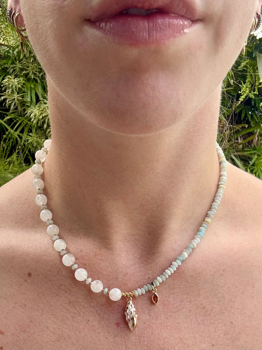 Black Gold Amazonite & Moonstone Shell Drop Necklace