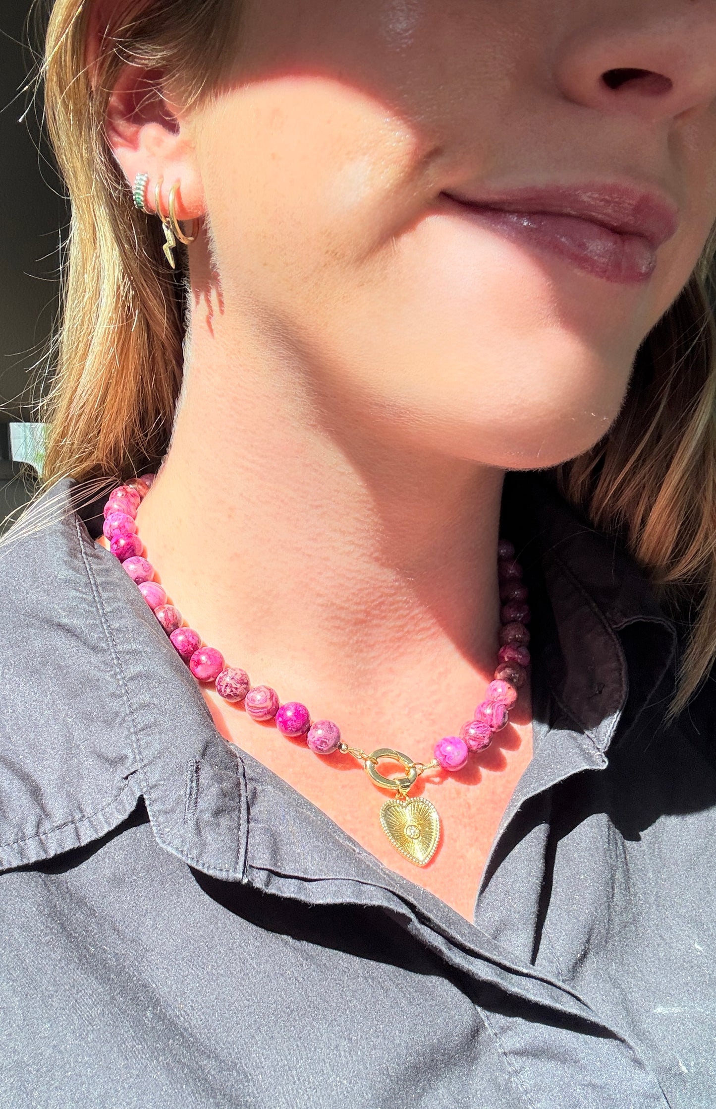 Ruby Crazy Lace Agate Heart Drop Necklace