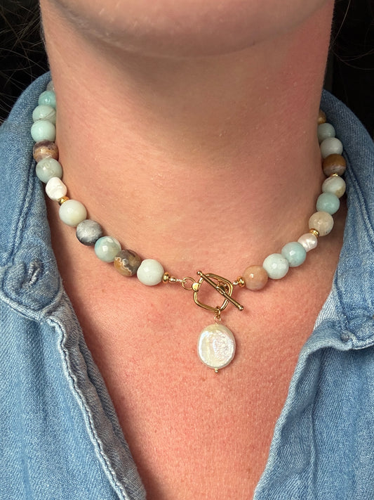 Amazonite Pearl Drop Necklace