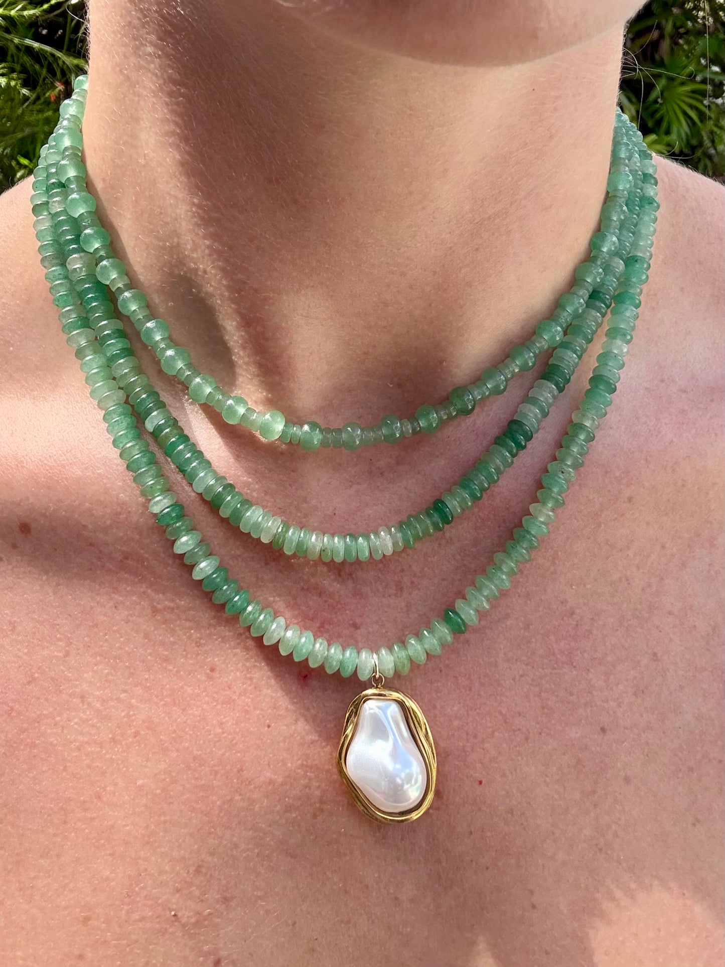 3-Strand Green Aventurine Pearl Drop Necklace