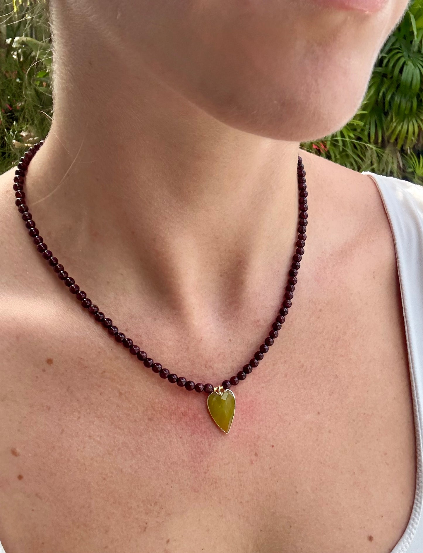 Garnet & Serpentine Heart Drop Necklace