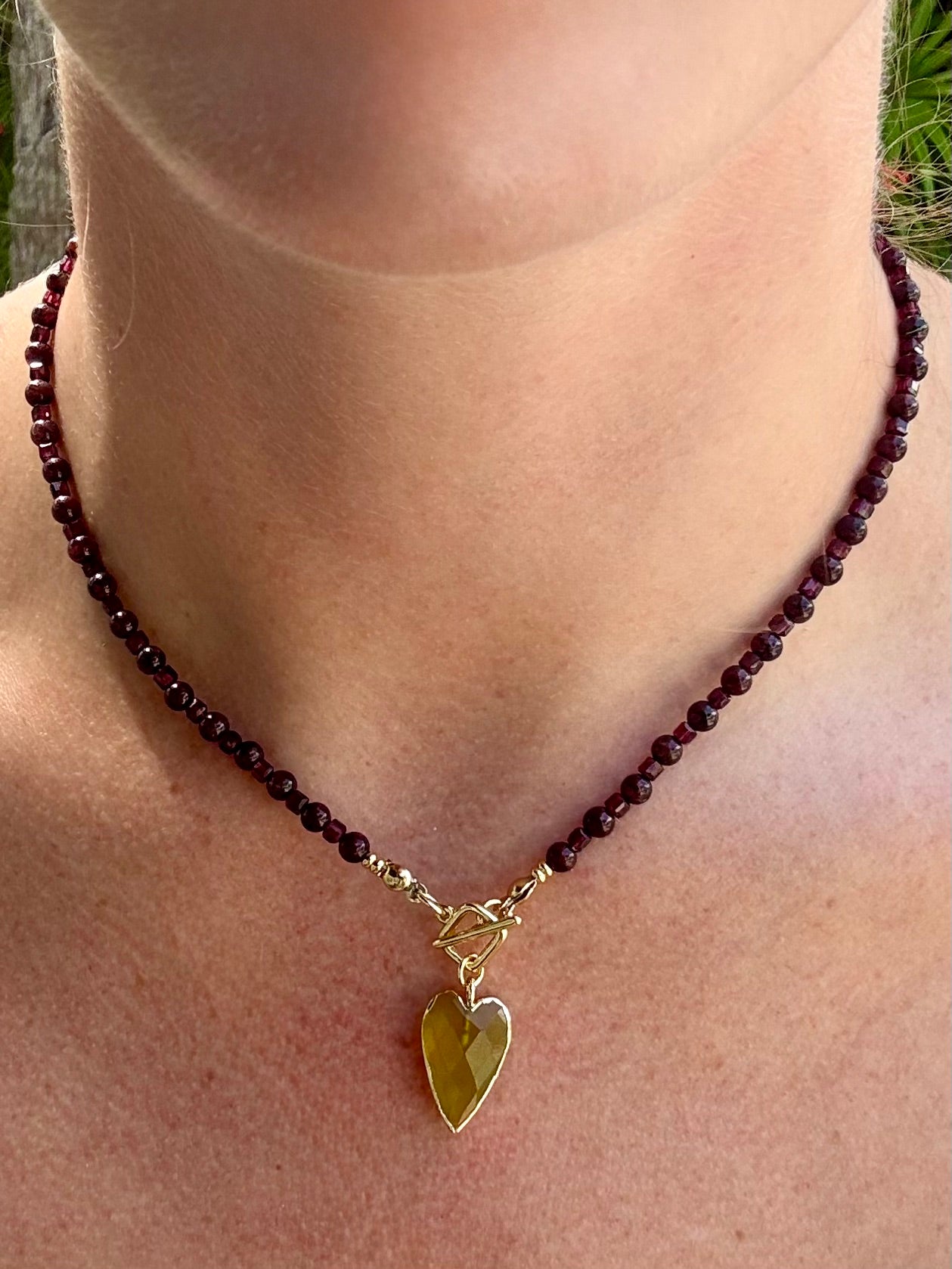Garnet & Serpentine Heart Drop Necklace with Toggle Clasp