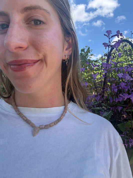 Sunstone & Peach Moonstone Heart Drop Necklace