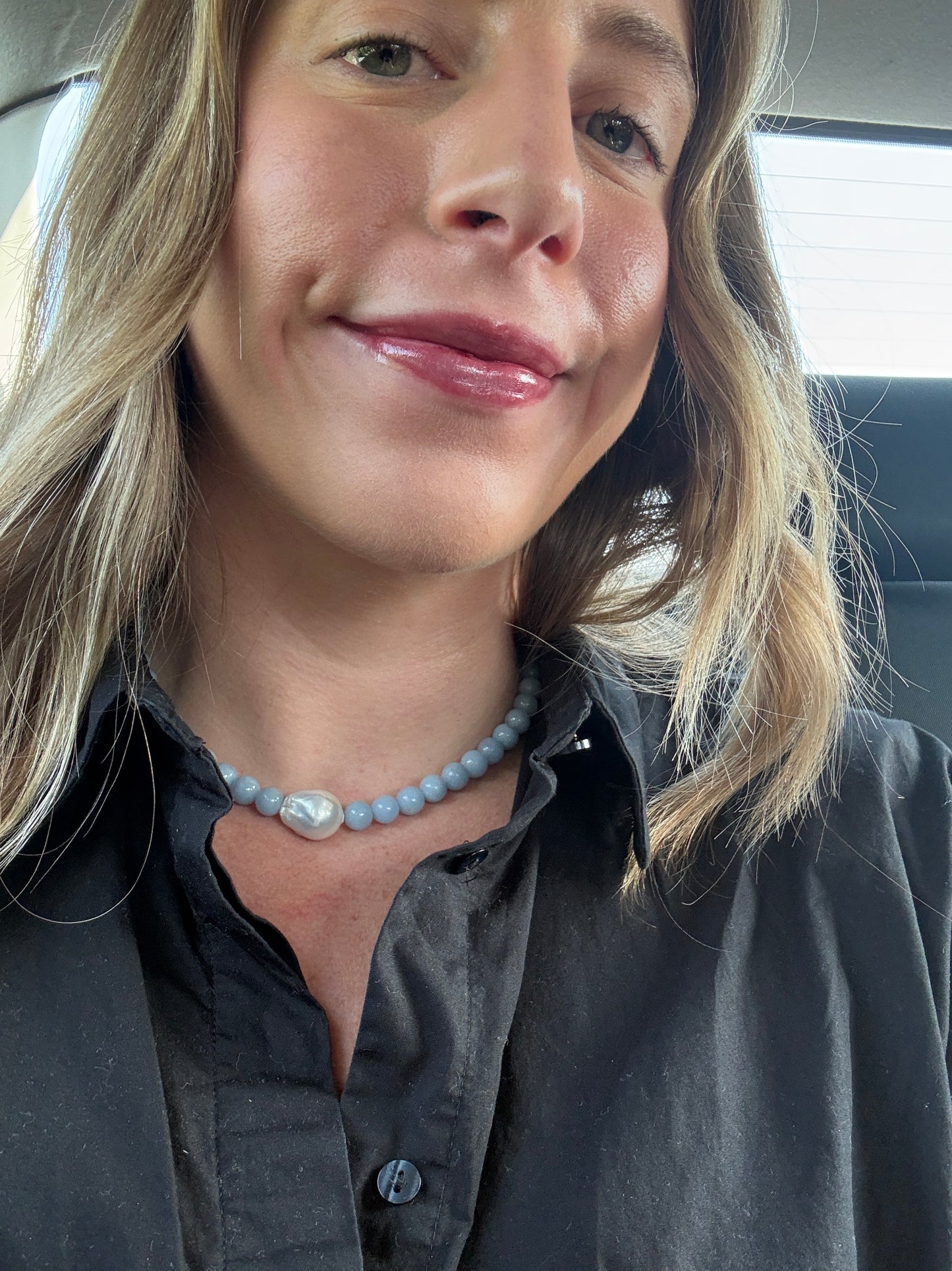 Blue Angelite Pearl Focal Necklace