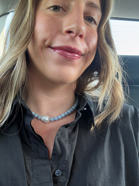 Blue Angelite Pearl Focal Necklace