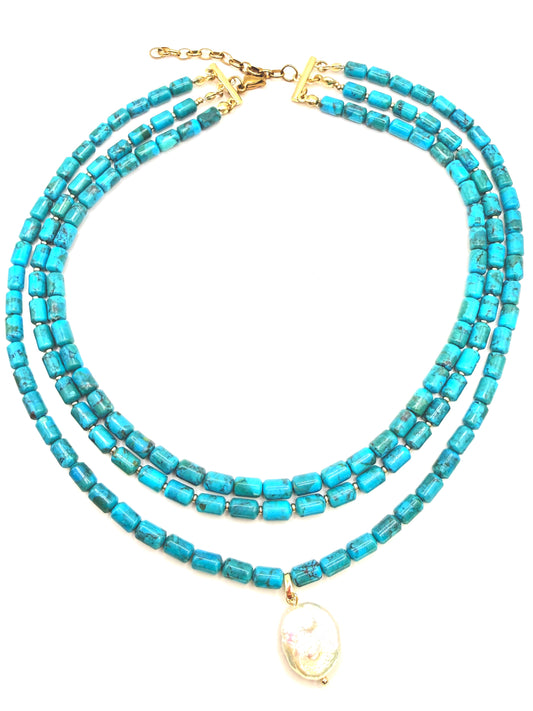 Turquoise Pearl Drop 3-Strand Necklace