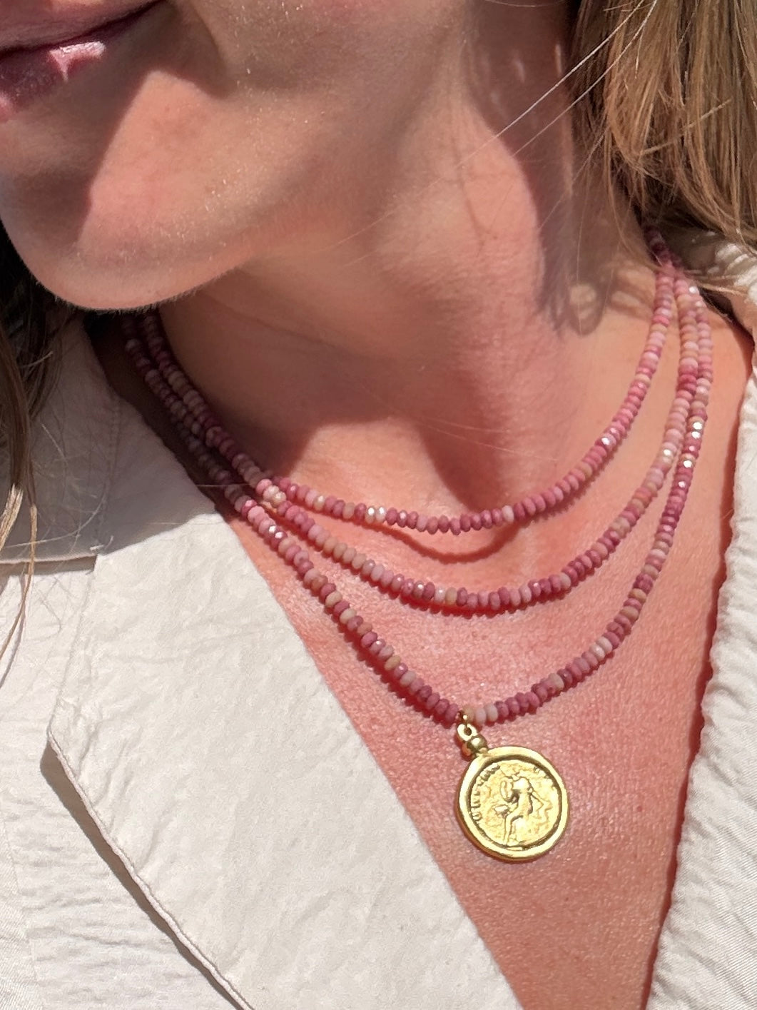 Petrified Pink Rhodonite Coin Drop 3-Strand Necklace