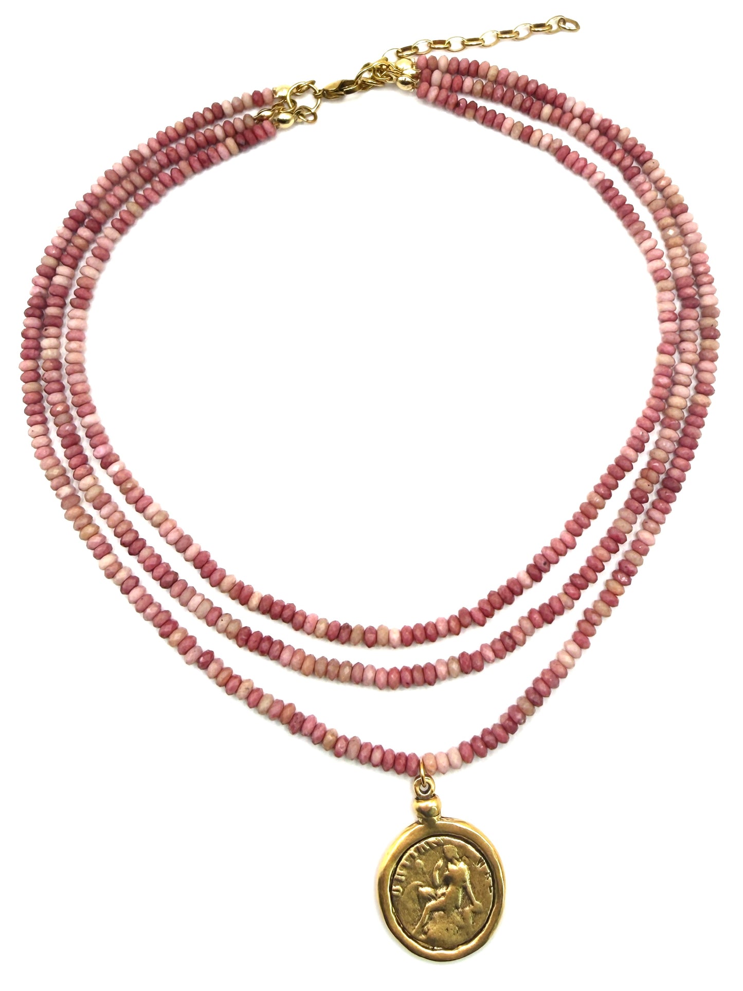 Petrified Pink Rhodonite Coin Drop 3-Strand Necklace
