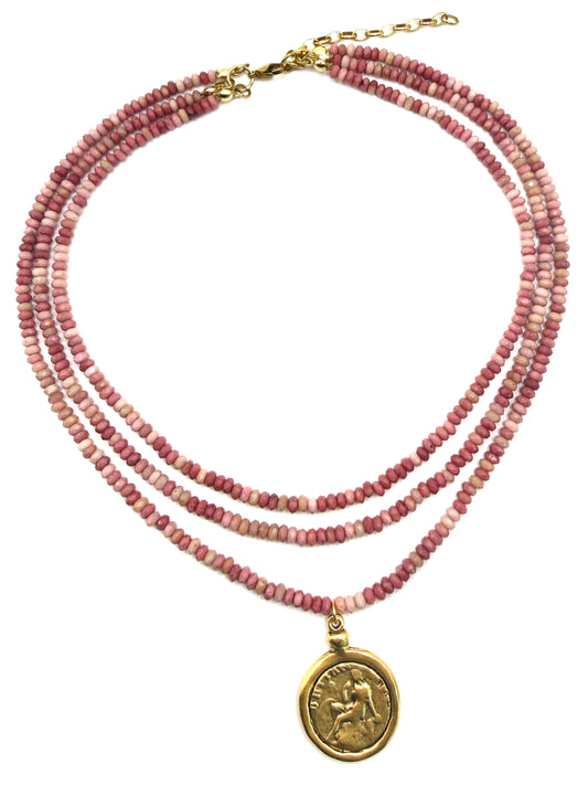 Petrified Pink Rhodonite Coin Drop 3-Strand Necklace