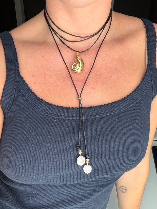 Gold Shell Black Wrap Necklace