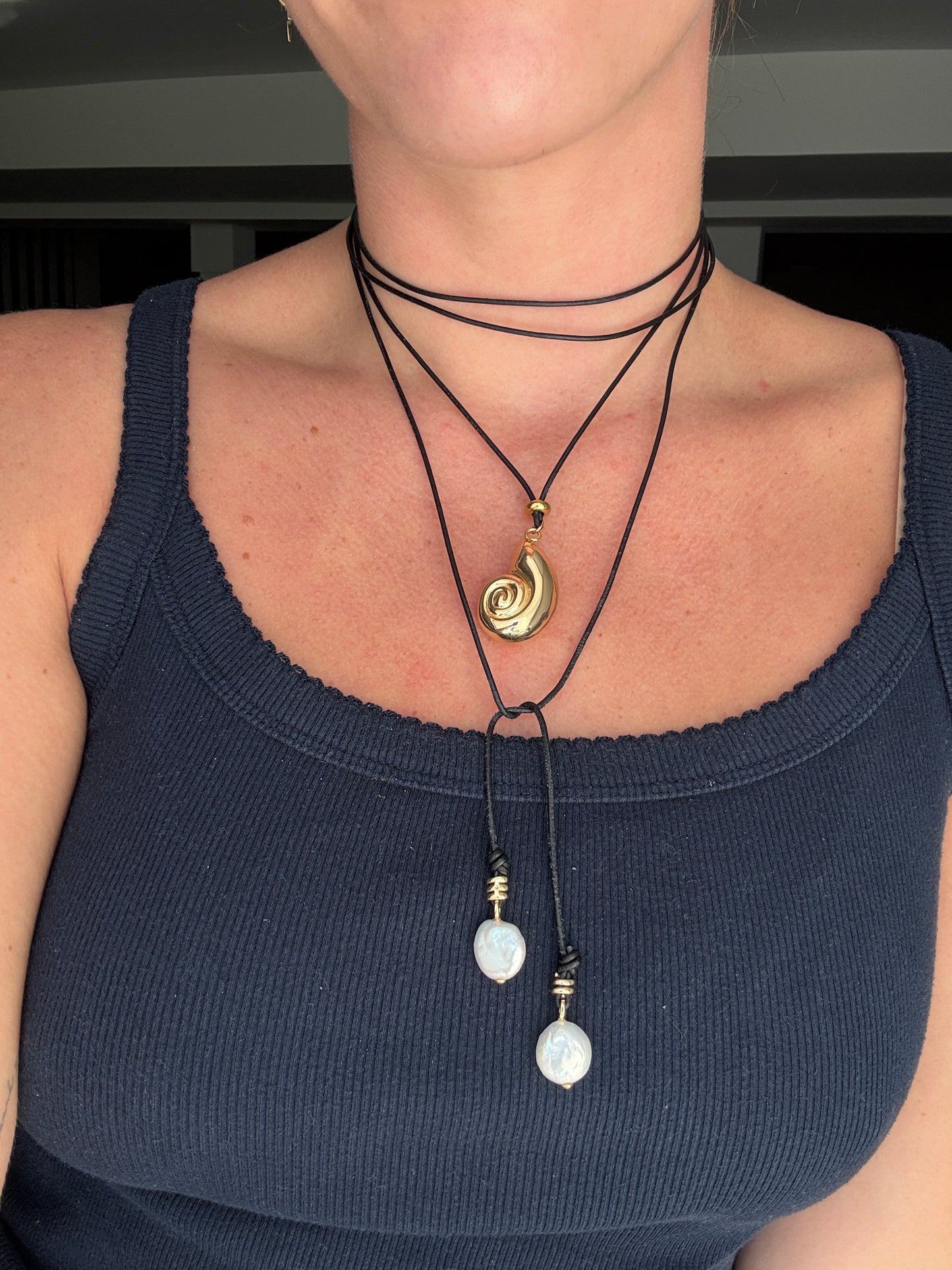 Gold Shell Black Wrap Necklace